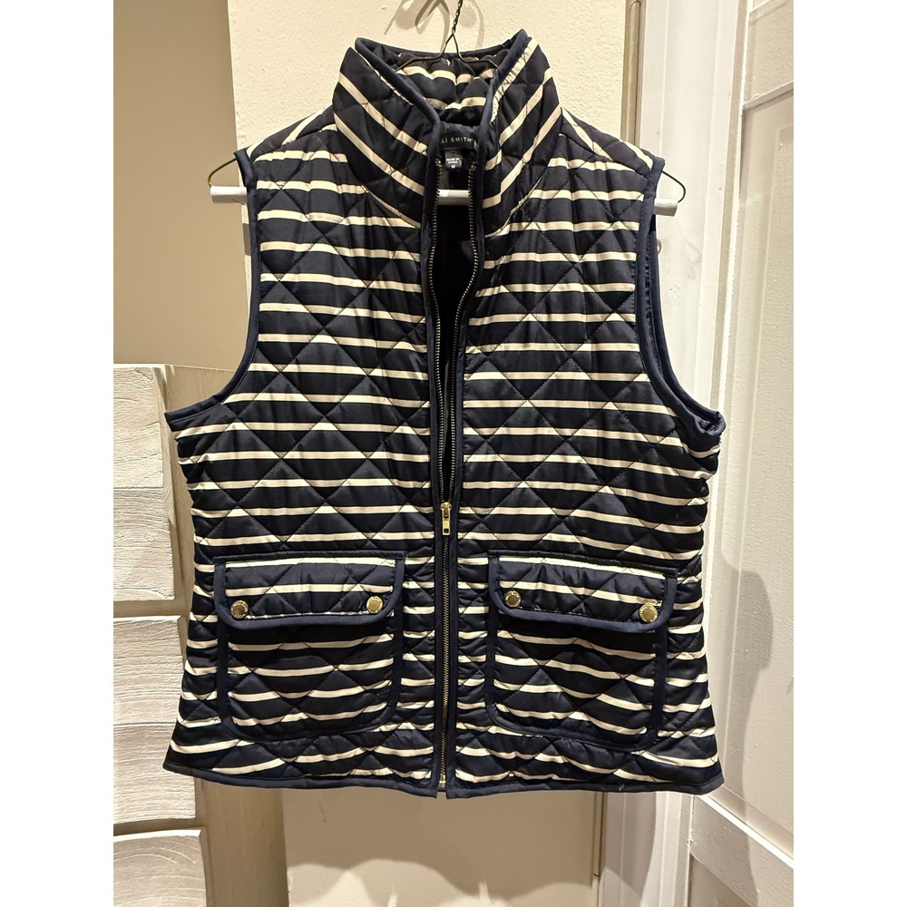 Willi Smith Navy Blue Cream Striped Quilted Puffer Vest Womens Medium Gold Zip
